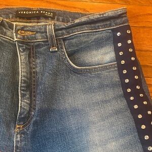 Veronica Beard Faded Blue Jeans with Studded Navy Side Trim